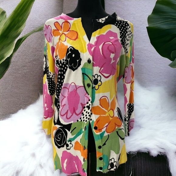 Cyrus Pink Multi Floral Button Down Cardigan Sweater Bright Fun Colors Sz S - Picture 1 of 10